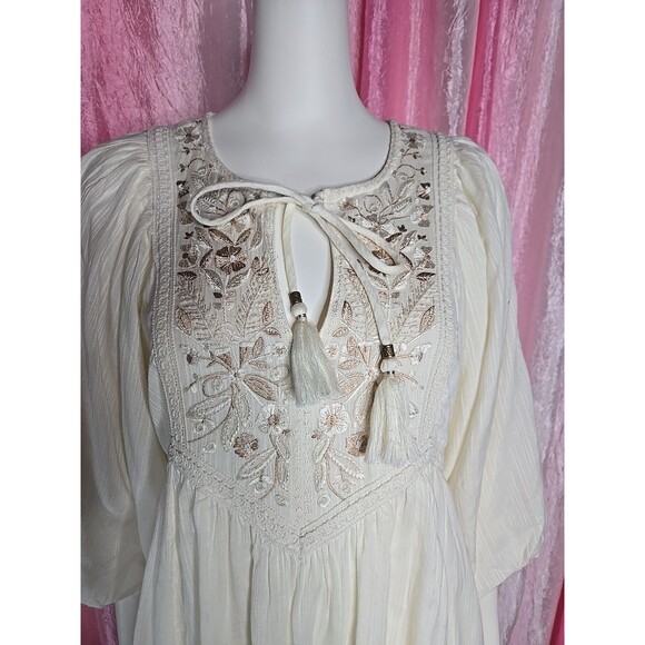 Anthropologie Mahalia Bohemian Floral Embroidered Cream Mini Dress Size Small - Picture 3 of 16